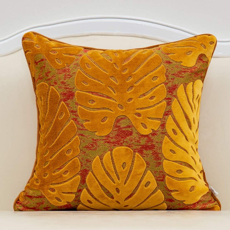 Alerfa 18 x 18 Inch Square Leaf Pillow Embroidery Cut Velvet Cushion Case Luxury Modern Lumbar Throw Pillow Cover Decorative Pillow for Couch Sofa Living Room Bedroom Car, Orange - Image 1